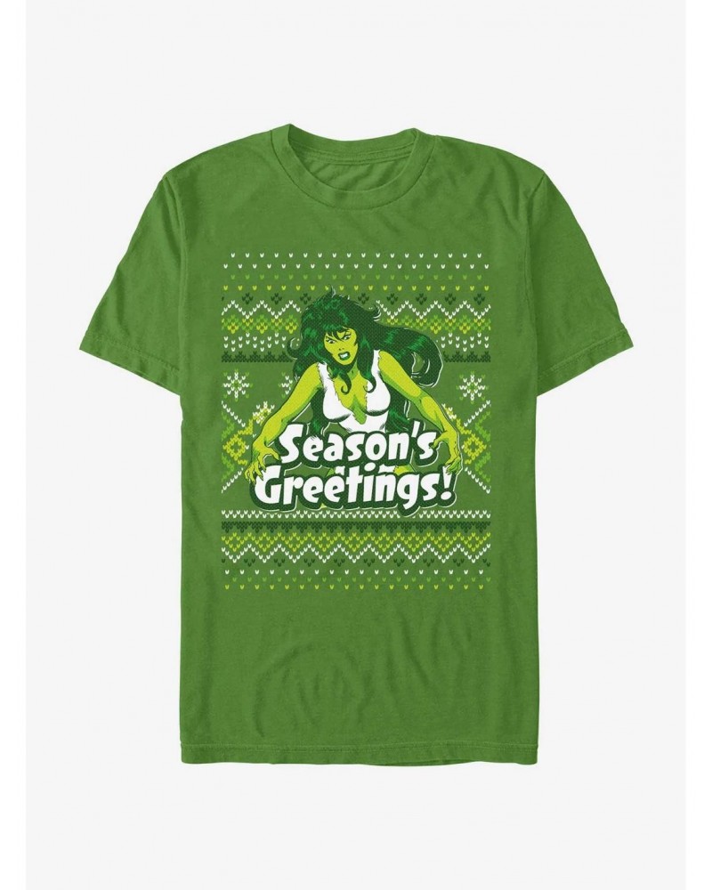 Marvel Hulk She-Hulk Season's Greetings Ugly Christmas T-Shirt $10.99 T-Shirts