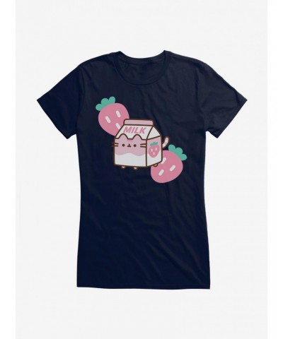 Pusheen Sips Strawberry Milk Girls T-Shirt $9.16 T-Shirts